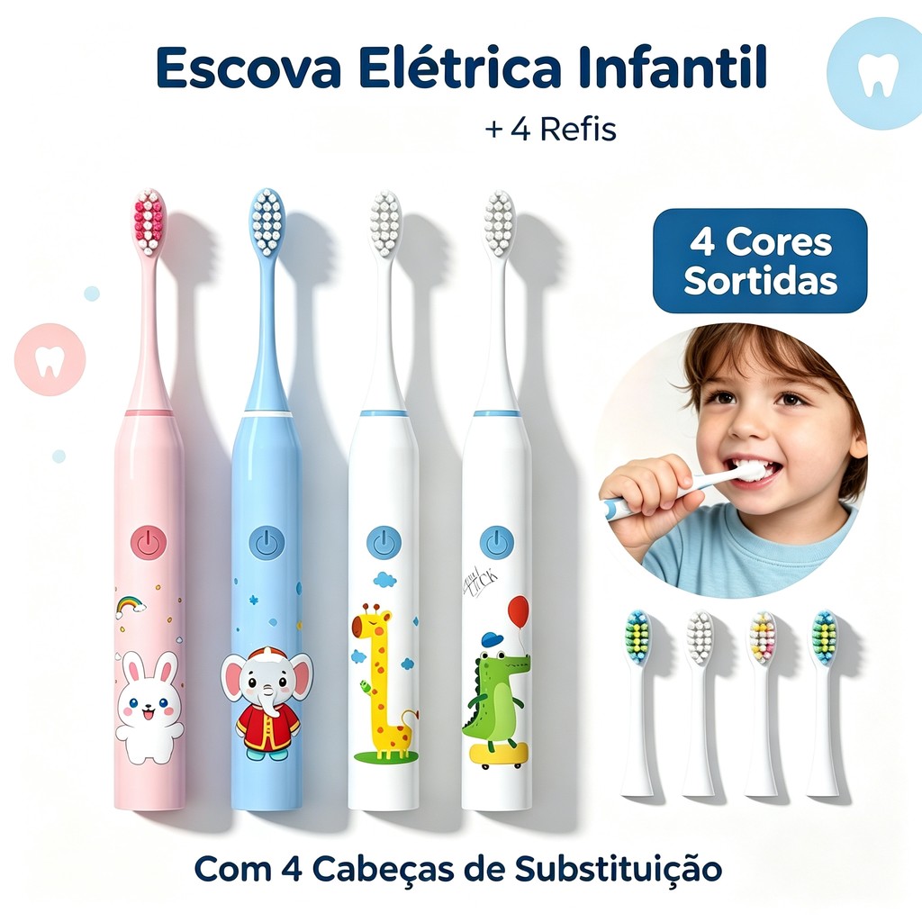 Escova de Dente Elétrica Infantil Recarregável USB | Cerdas Macias 4 Modos Impermeável