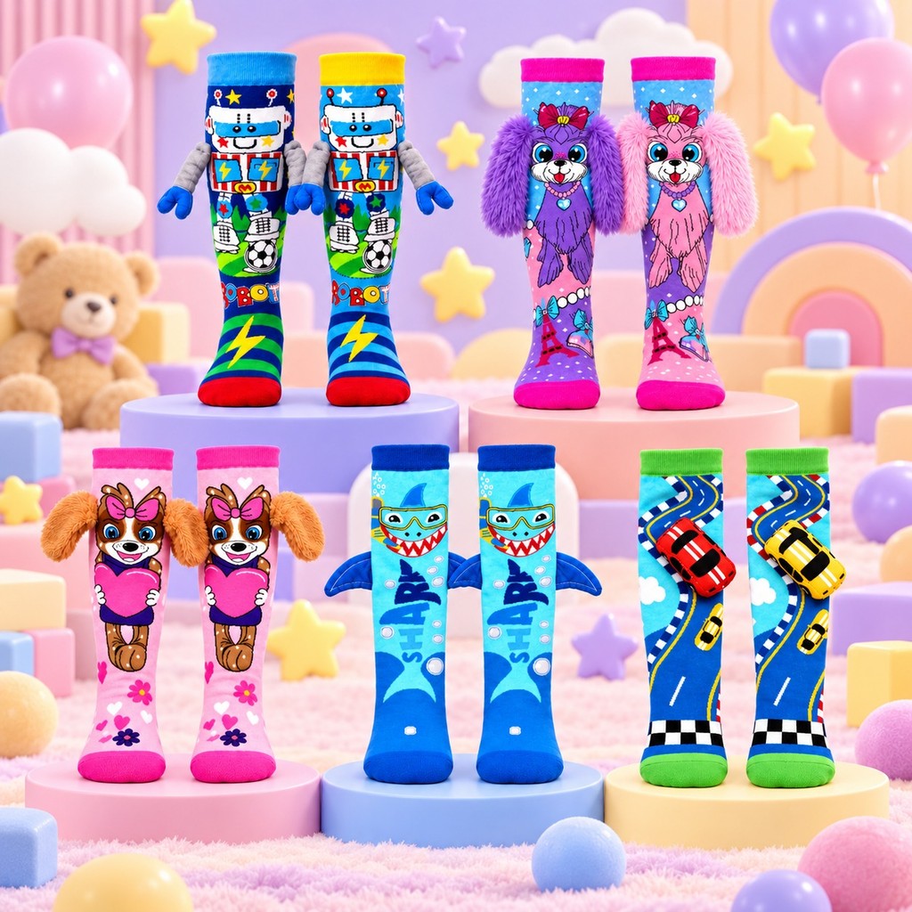 Meia Maluca 3D Infantil Personagens Coloridos Cano Alto Divertida e Confortável