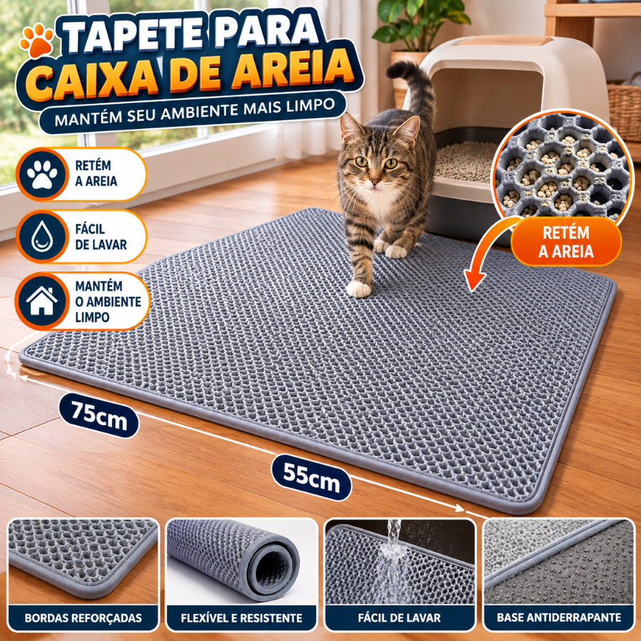 Tapete Coletor Cinza Higiênico Para Gatos Caixa de Areia 75x55cm Retém Areia Fácil Limpeza