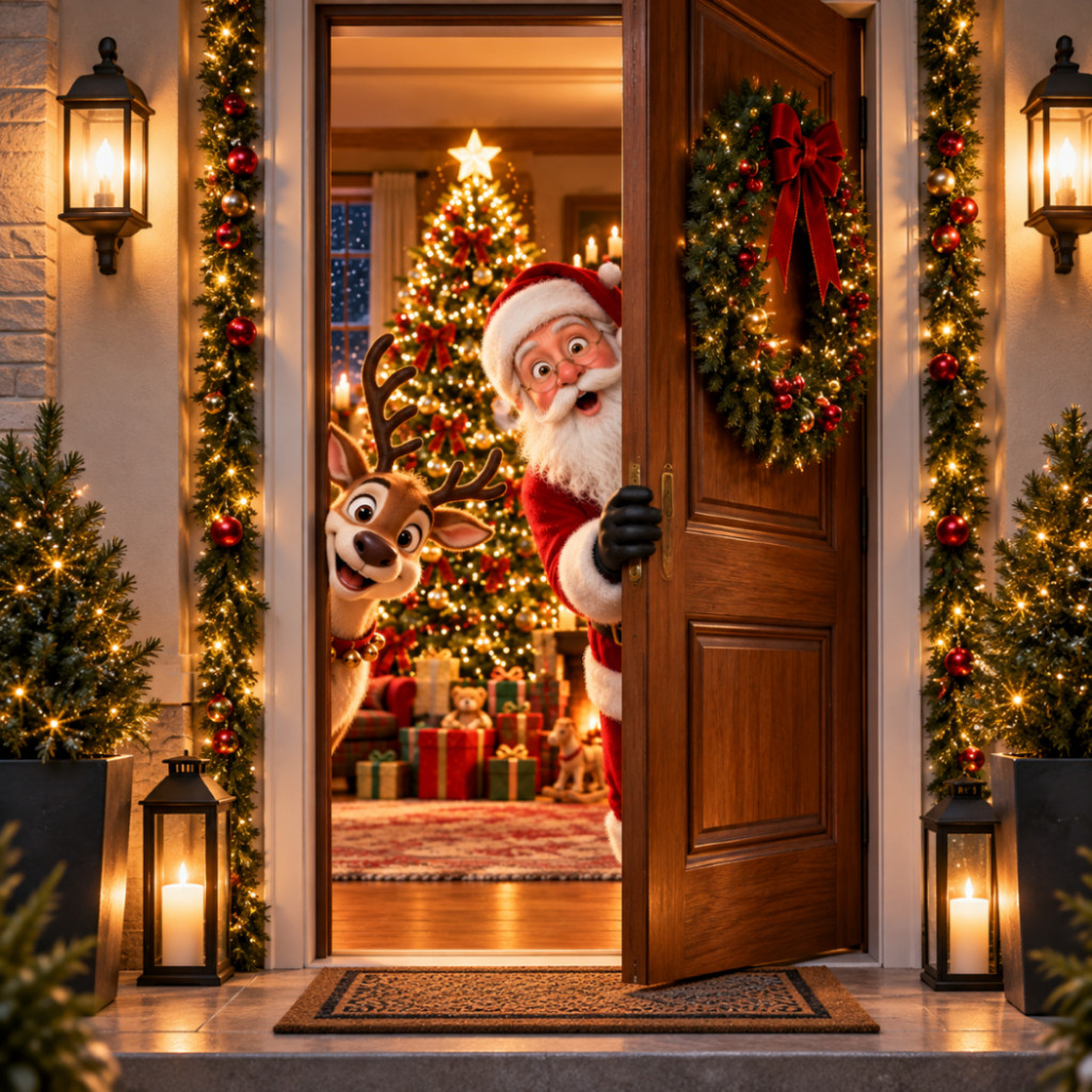 Capa de Porta Decorativa Tema Natal Divertido Efeito 3D Realista Vest Fácil C/ Elástico