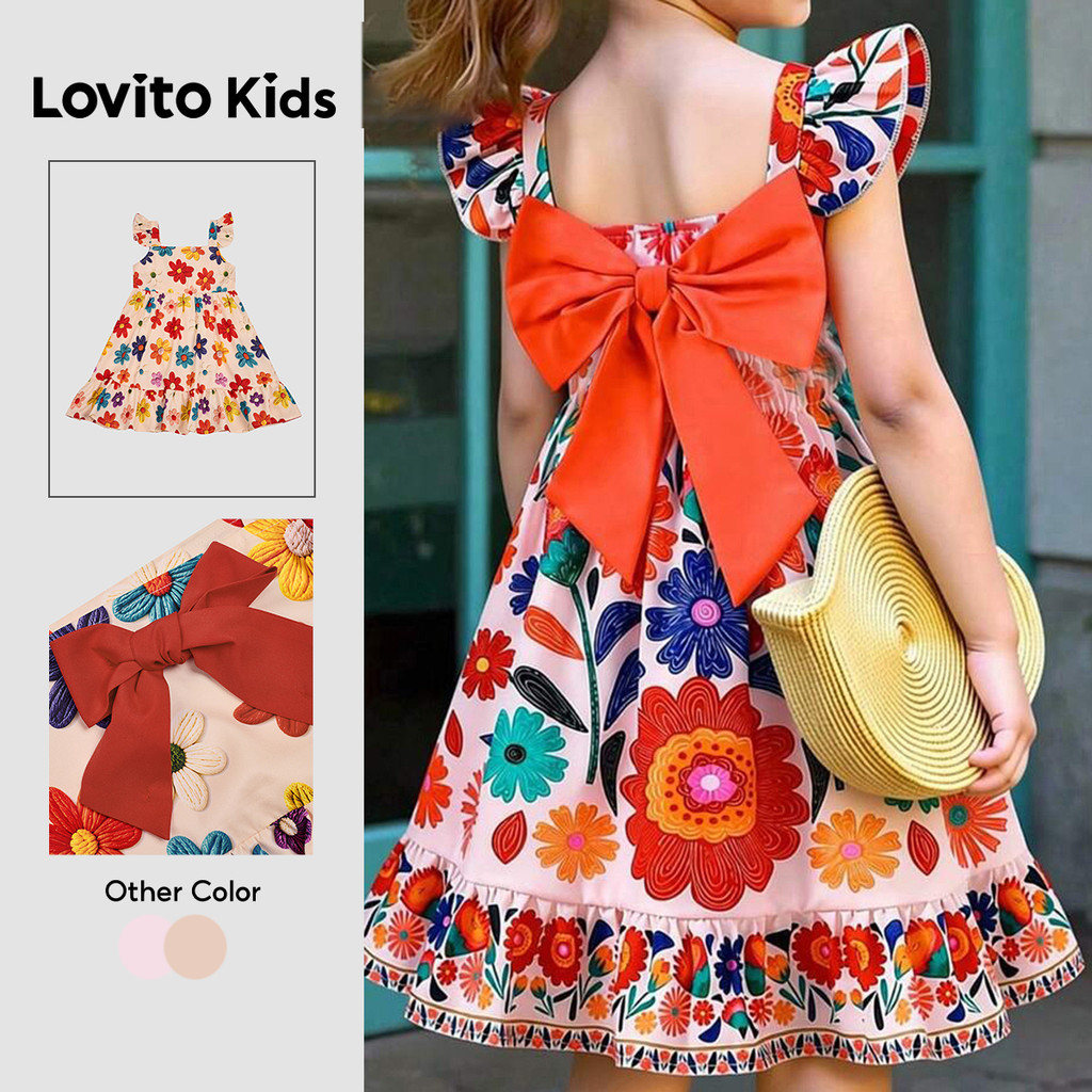 Lovito Kids Vestido Casual Laranja para Menina com Estampa Floral e Costas de Laço primavera/verão L192AD014