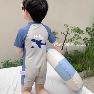 Maiô infantil de uma peça de manga curta para meninos verão bonito tubarão protetor solar de secagem rápida pequeno médi