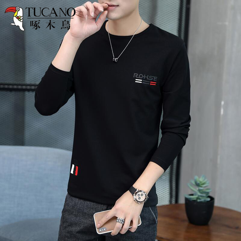 Woodpecker camiseta de manga comprida masculina roupas superiores primavera outono na moda puro algodão camiseta Casual 