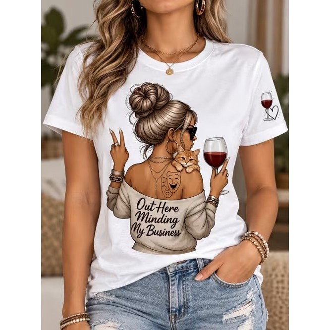 Camiseta Feminina Manga Curta Estampada Confortável Linda Moderna Estilosa para Moda Feminina Casual Tendência Verão