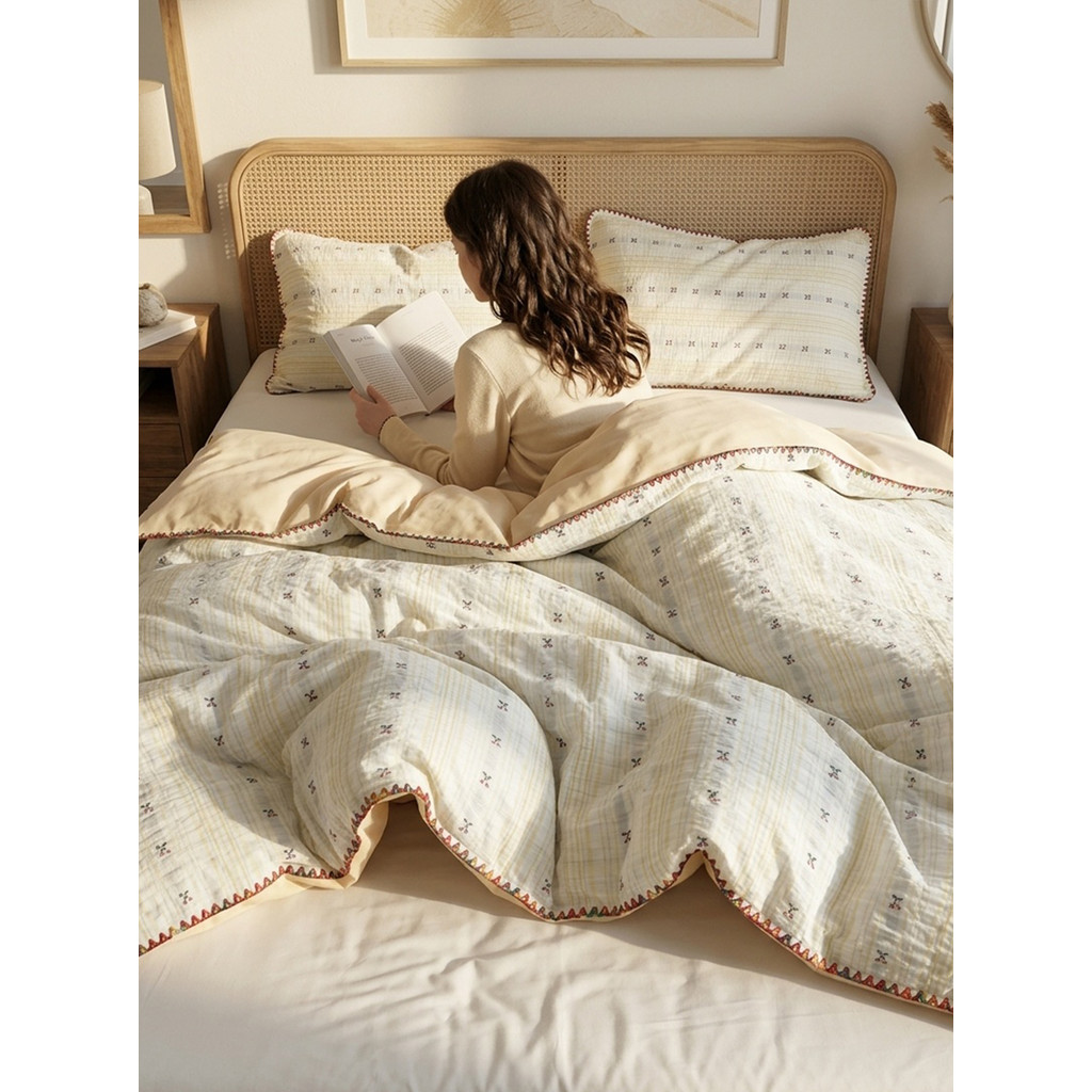 Primavera verão Muji algodão puro fio-tingido jacquard conjunto de quatro peças macio lençol colcha capa jacquard dormit