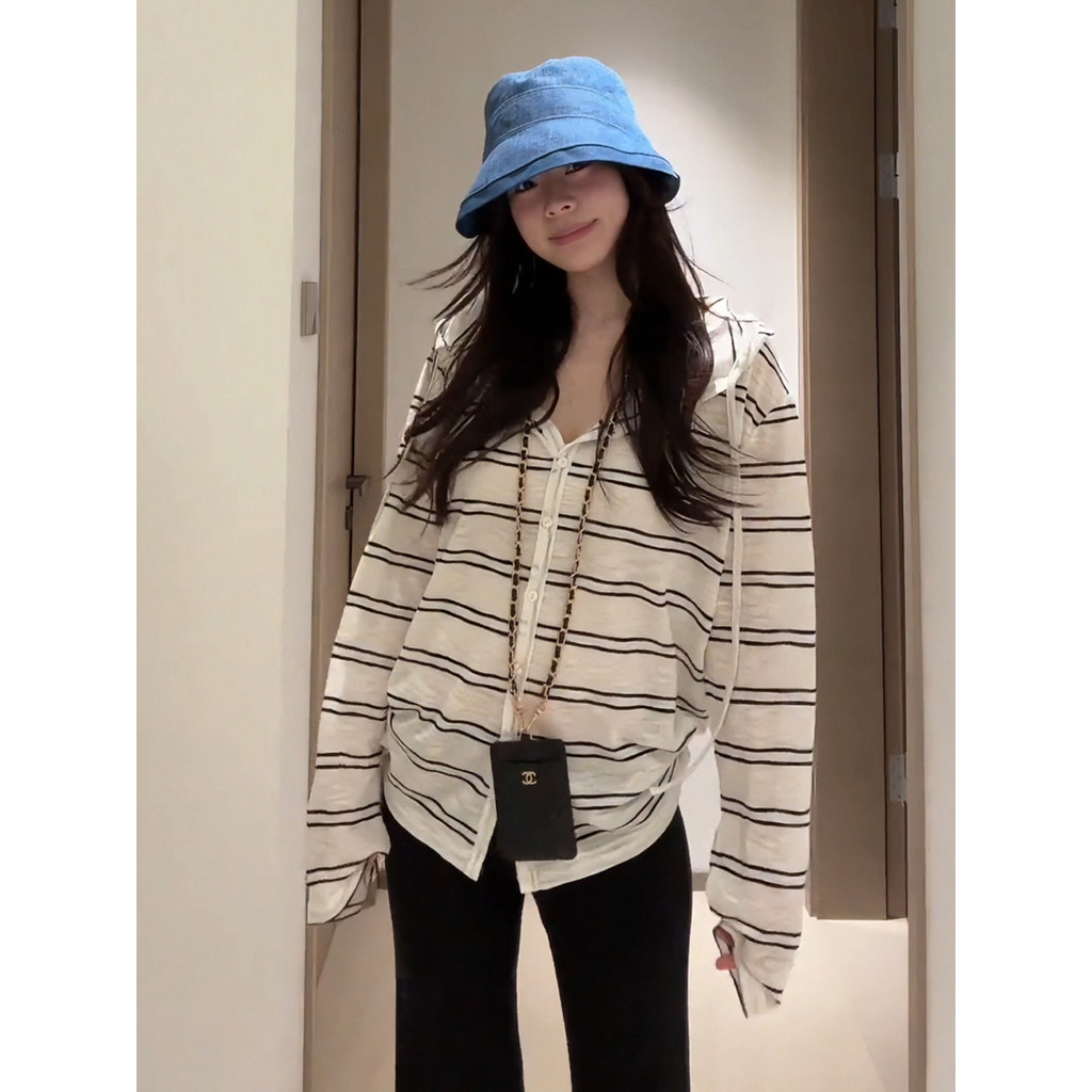 Tamanho grande gordura mm manga comprida com capuz listrado Cardigan camiseta feminina verão coreano preguiçoso protetor