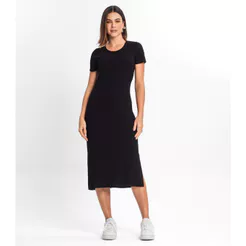 Vestido Midi Ribana Canelada Básico Rovitex Preto