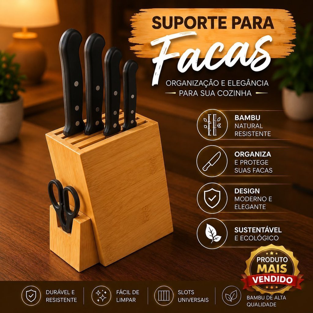 suporte porta faca bambu faqueiro cepo organizador utensílios cozinha tesoura promoção Anti fungos antiderrapante