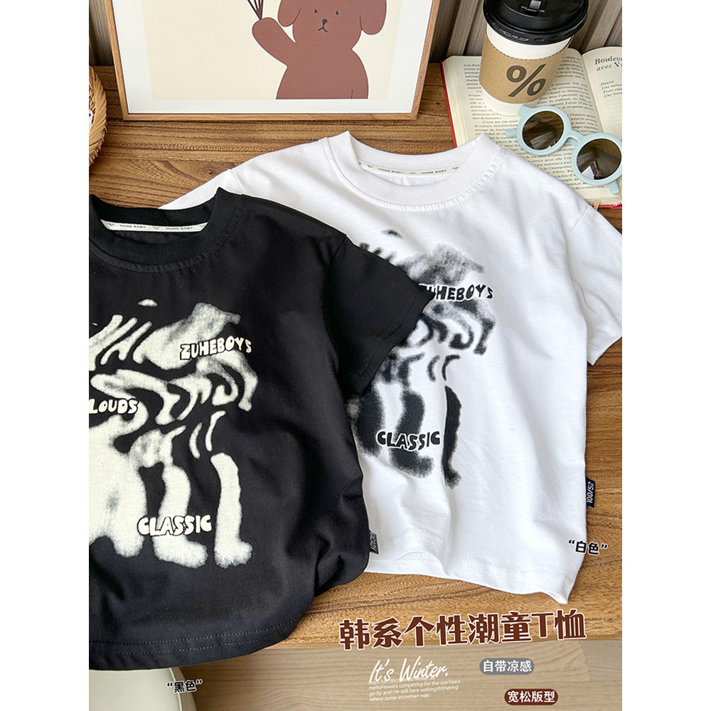 Crianças algodão legal camiseta de manga curta 2026 verão médio grande menino versão coreana solta em torno do pescoço c