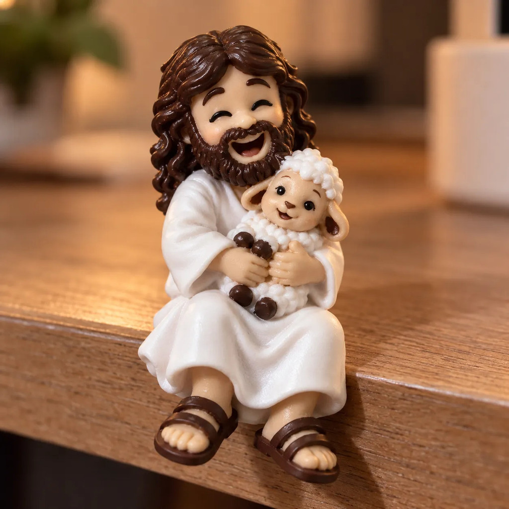 Boneco Mini Jesus Sentado Com Ovelha Para Computador Mesa