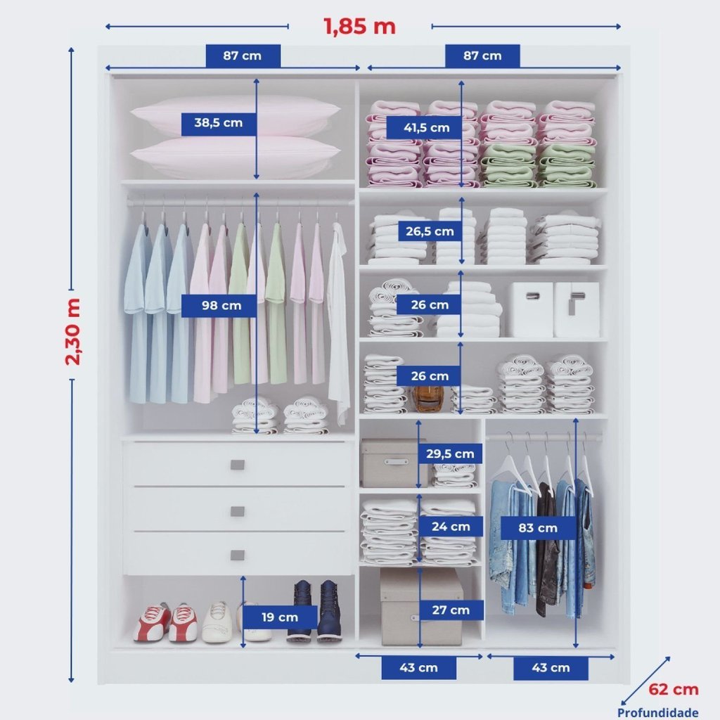 Guarda-Roupa MDF 2 Portas de Correr 3 Gavetas Milos Branco Branco · foto 2