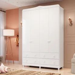 Guarda Roupa de Bebê 4 Portas 4 Gavetas Maya Clássico Espresso Móveis Branco/Brilho Branco