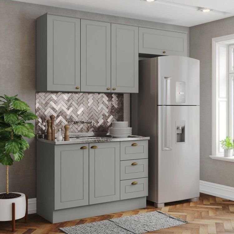 Cozinha Compacta 3 Peças 100% MDF Cinza Americana Cinza