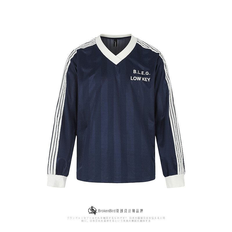 Americano Retro listras contraste costura com decote em V camisa de manga comprida masculina primavera outono novo estil