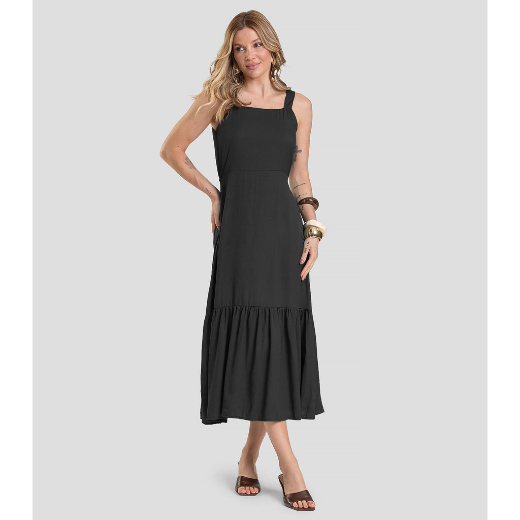 Vestido Midi em Viscose Rajada Dianna Preto