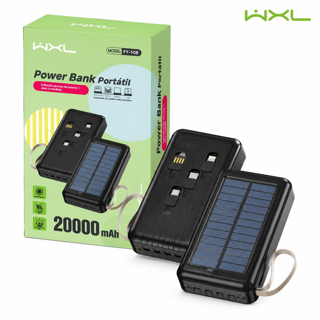 Power Bank Solar 20000mAh Carregador Portátil, 4 Cabos Integrados, Suporte Retrátil, Lanterna LED, Carrega 4 Aparelhos