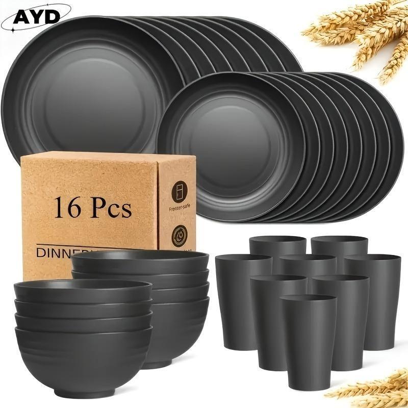 Conjunto de louça de plástico para cozinha, cor preta, feito de palha de trigo, VVQE, 16/32 peças, tamanho grande, para 