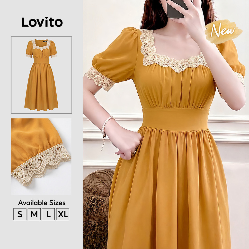 (New Arrival) Lovito Vestido Amarelo Feminino Casual De Cor Lisa Longo Evasê E Com Acabamento Em Renda Para Primavera Verão Férias E Saídas Noturnas Bordado DRK11BR028