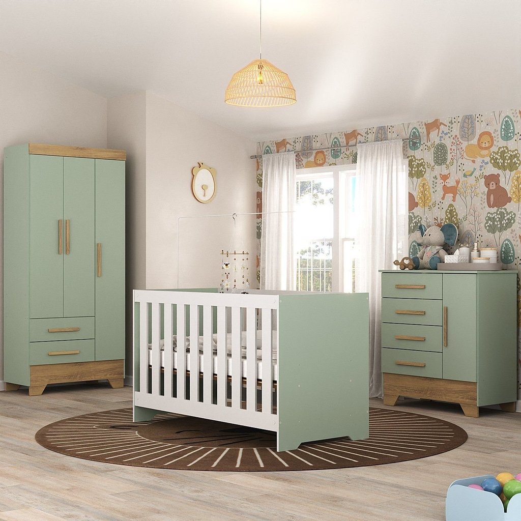Quarto de Bebê Completo Guarda Roupa 3 Portas 2 Gavetas com Cômoda e Berço Lily Espresso Móveis Verde/Fosco/Nature