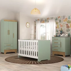 Quarto de Bebê Completo Guarda Roupa 3 Portas 2 Gavetas com Cômoda e Berço Lily Espresso Móveis Verde/Fosco/Nature