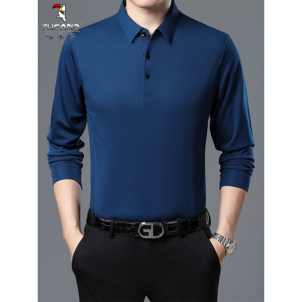 Woodpecker estilo fino gelo seda legal elástico de manga comprida camiseta masculina primavera verão idosos de meia-idad