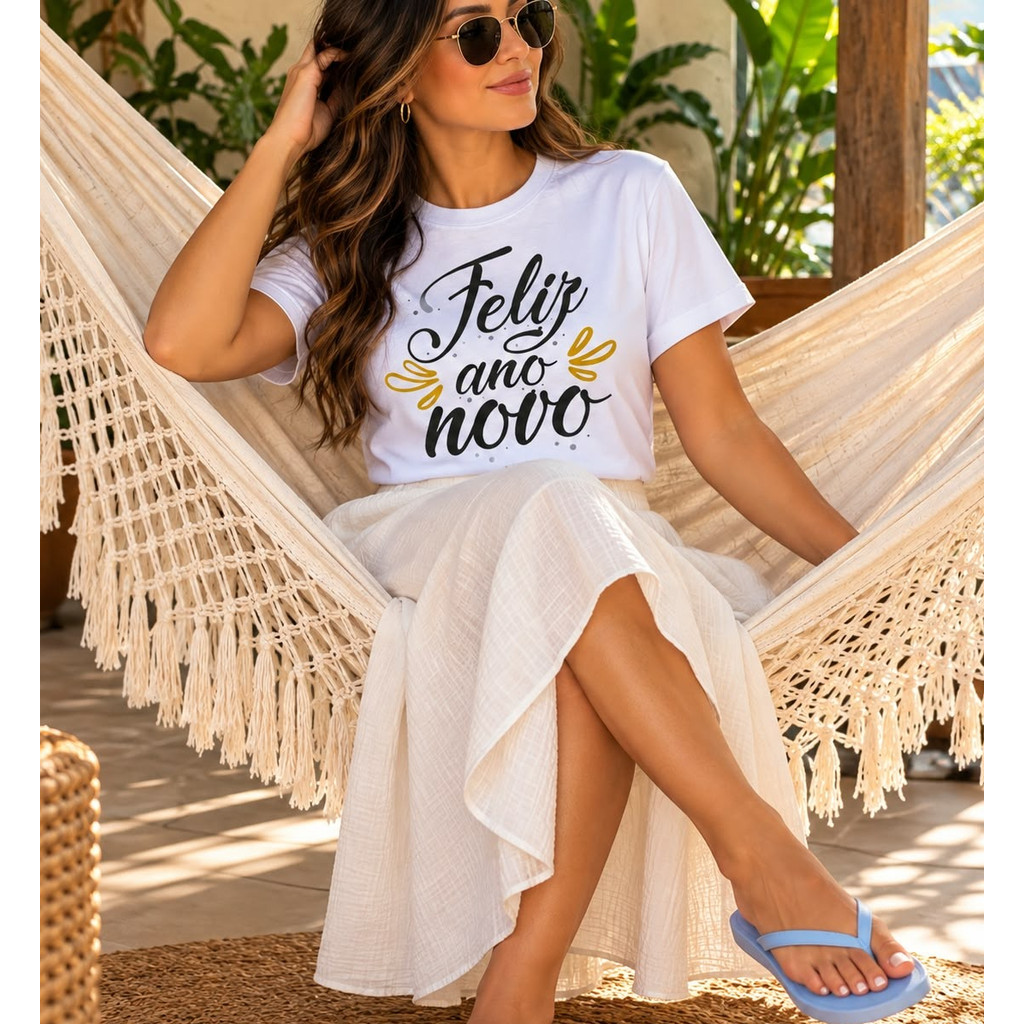 Camiseta Feminina Ano Novo Estampada Tendência Mulheres Confortável Tecido 100% Algodão Leve Moda
