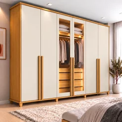 Guarda-Roupa Casal Reflecta 6 Portas 4 Gavetas com LED Cinamomo Off-White Bélgica Cinamomo/Off White