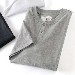 Americano Retro de alto peso lavado algodão absorvente de suor respirável verão masculino Casual All-Match Henry colarin