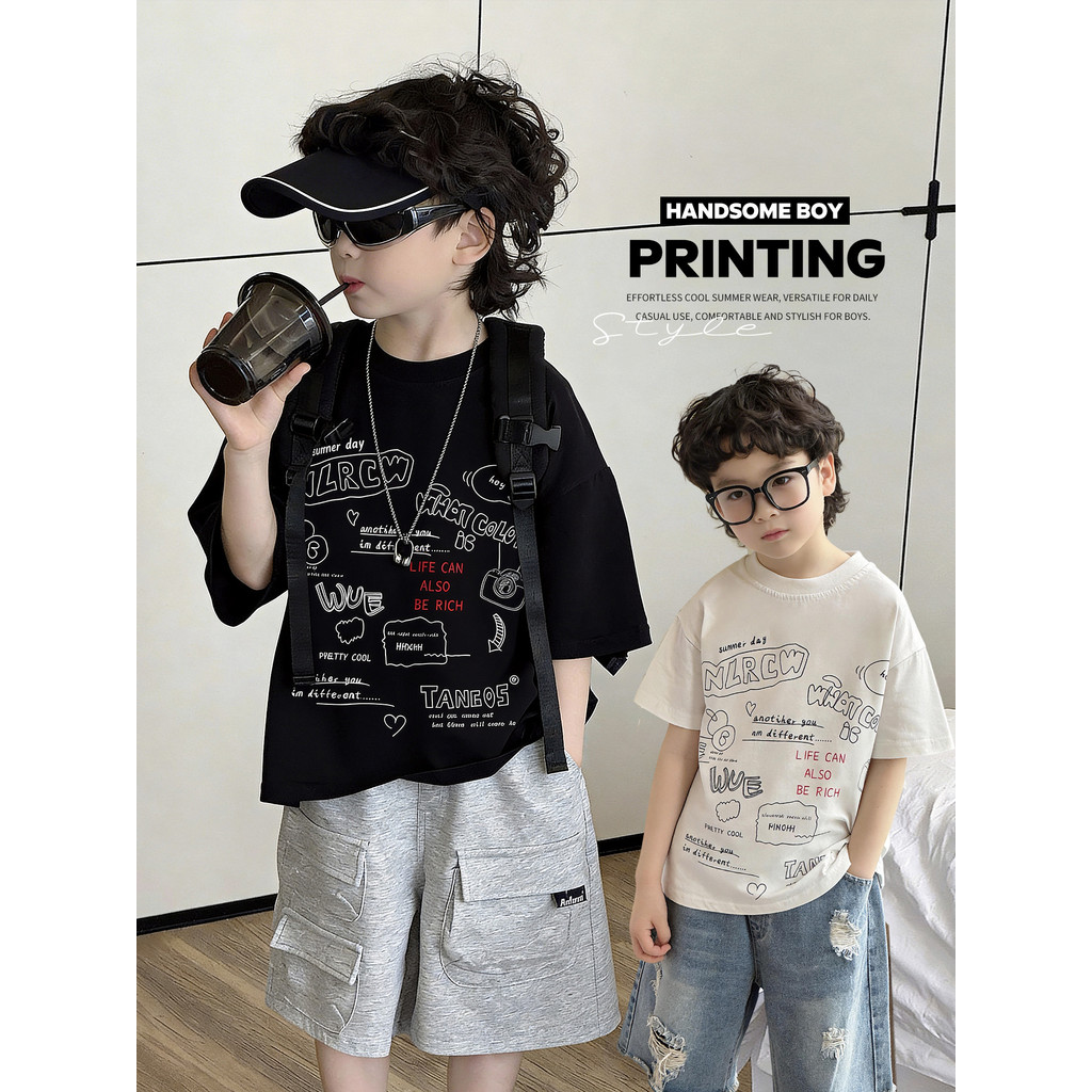 Crianças bonito preto Graffiti impresso camiseta de manga curta meninos verão solto puro algodão topo na moda grandes cr