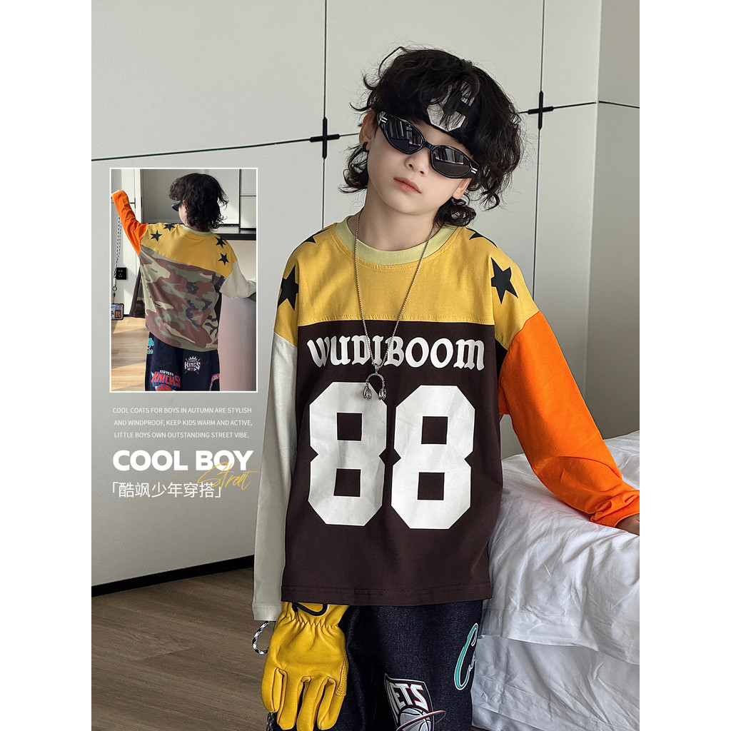 Retro contraste cor impresso manga comprida camiseta primavera outono meninos na moda legal solto crianças topos outono 