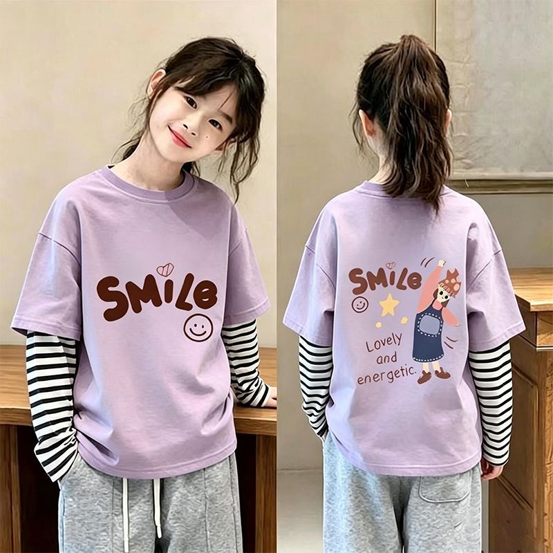 Primavera E Outono 2026 Meninas Empilhadas Camisetas De Manga Comprida Crianças Listrado Falso Bebê Menina Impressão Cam