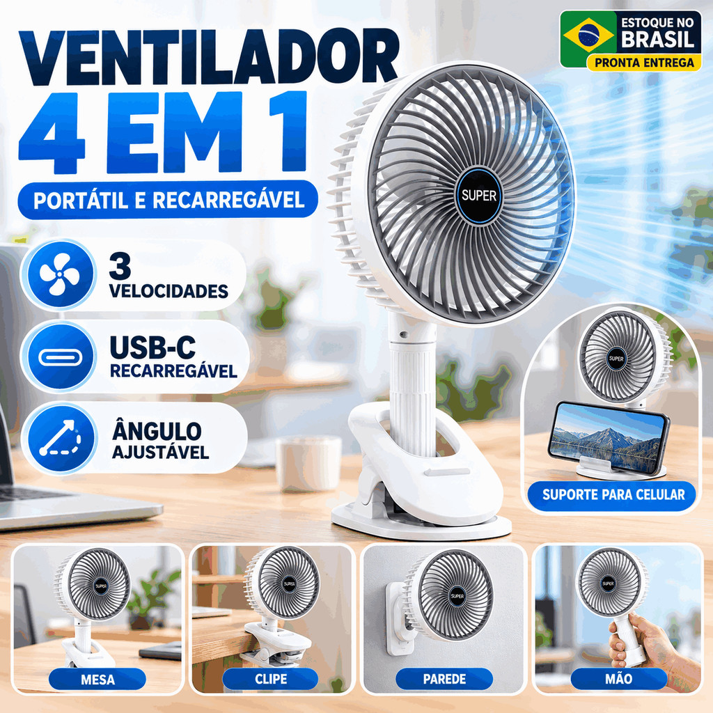Mini Ventilador Portátil 4 em 1 Recarregável USB-C Mesa Clipe Parede Mão Suporte Celular 3 Velocidades