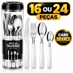 Jogo de Talheres Inox 16 ou 24 Peças com Pote Organizador Faqueiro Cabo Branco Faca Garfo Colher