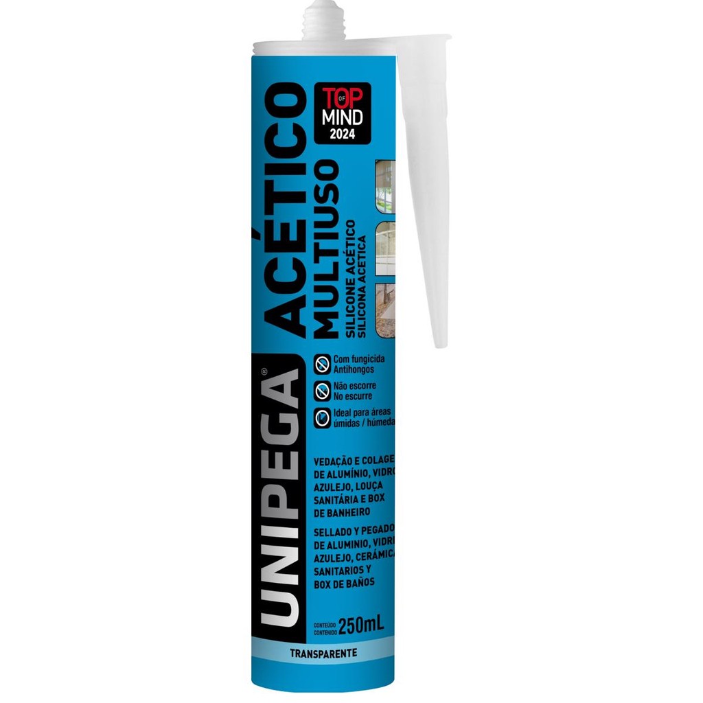 SILICONE ACÉTICO MULTIUSO INCOLOR  P/ VEDAÇÃO 250ML UNIPEGA ADESIVO SELANTE TRANSPARENTE VEDAÇÃO