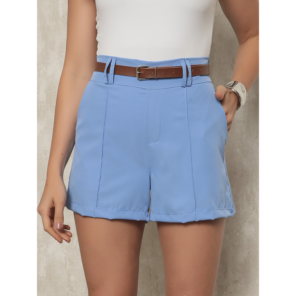Short Feminino Alfaiataria Social com Cinto Cintura Alta Com Bolso e Zíper na Lateral PROMOÇÃO