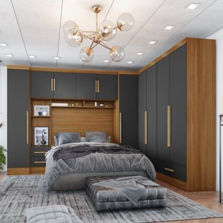 Quarto de Casal Completo 5 Peças 6 Portas 4 Gavetas com Maleiro Smart Plus Cinamomo/Chumbo em Oferta na Shopee