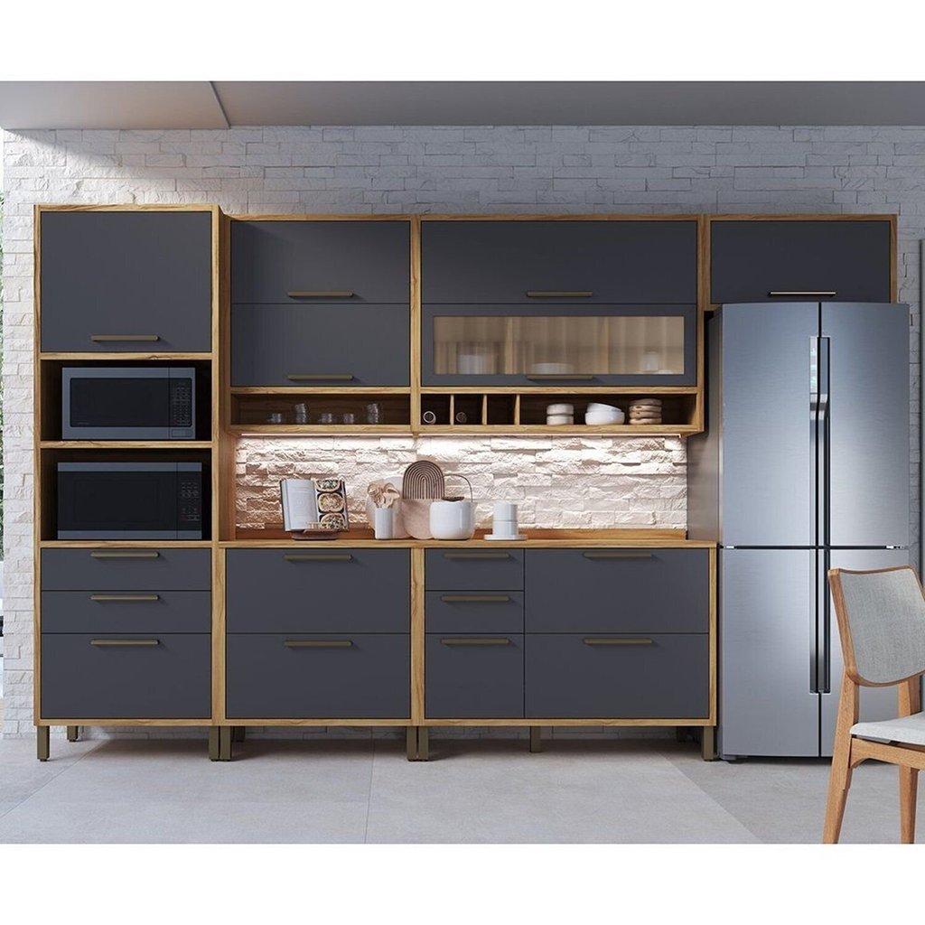 Cozinha Completa 100% Mdf 6 Peças 10 Portas 6 Gavetas e Vidro 354cm Vicenza Espresso Móveis Amêndoa/Chumbo