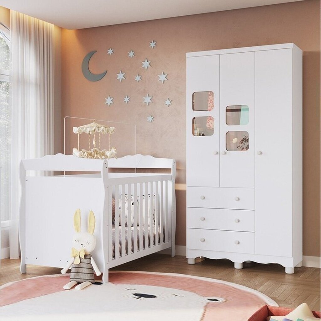 Quarto de Bebê com Guarda Roupa 3 Portas com Janelas e Berço Americano Nina 100% Mdf Espresso Móveis em Oferta na Shopee