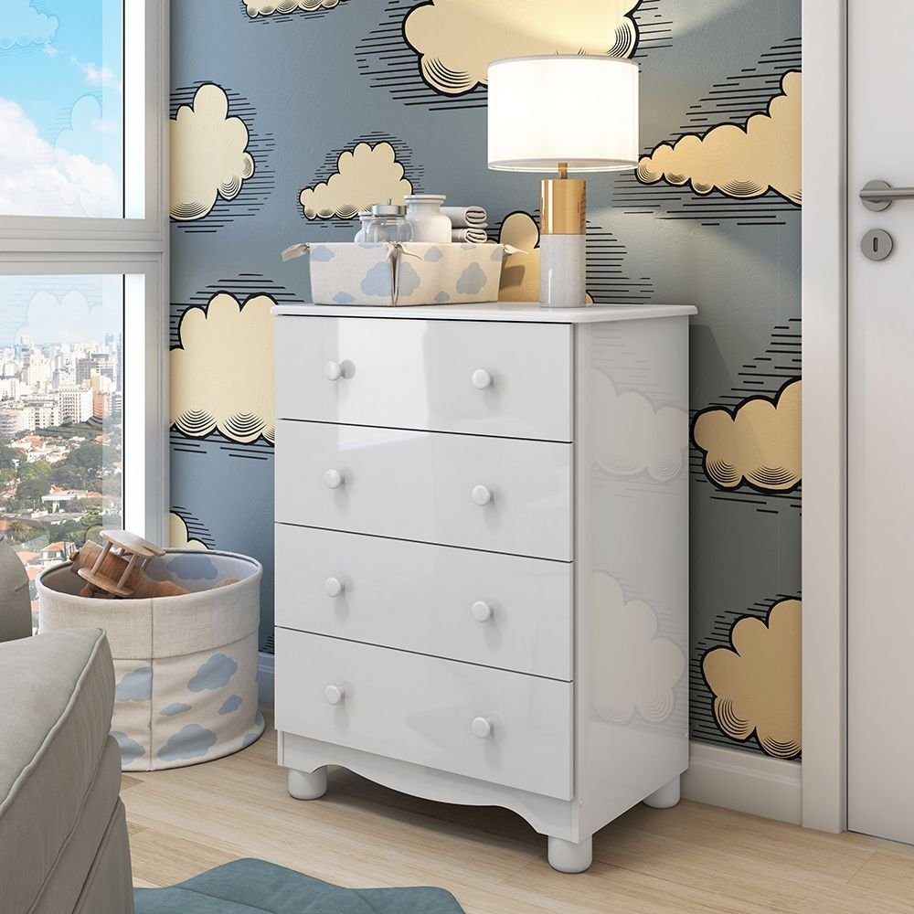 Cômoda Infantil 4 Gavetas 100% MDF Mimo Espresso Móveis Branco Brilho em Oferta na Shopee