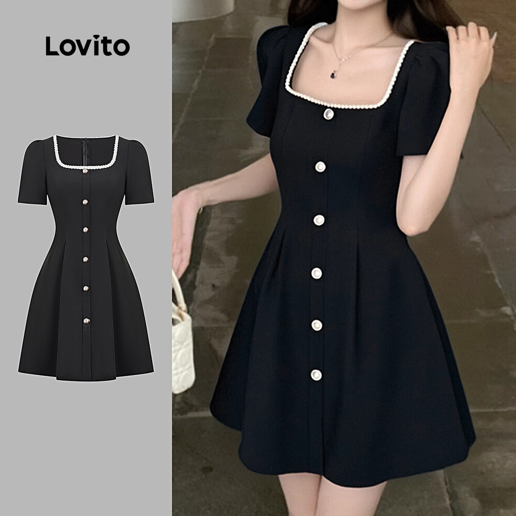 Lovito Elegante Vestido Clássico E Versátil Com Botões Frontais Preto Ideal Para Primavera/verão para Mulheres L154ED490