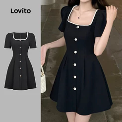 Lovito Curto Elegante Vestido Clássico E Versátil Com Botões Frontais Preto Para Primavera/verão para Mulheres L154ED490