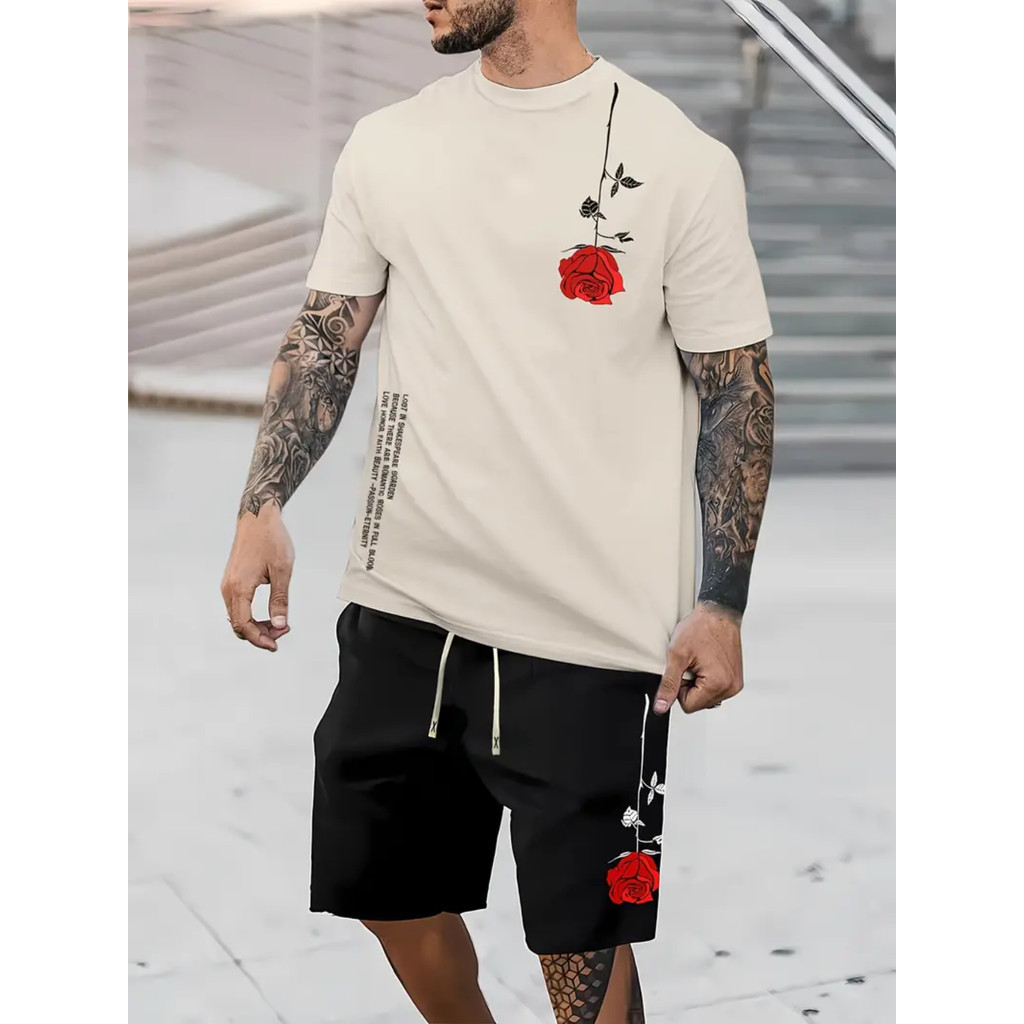 Conjunto Floral Rosa Streetwear Camiseta oversized 100% Algodão + Shorts Mauricinho Tactel Masculino