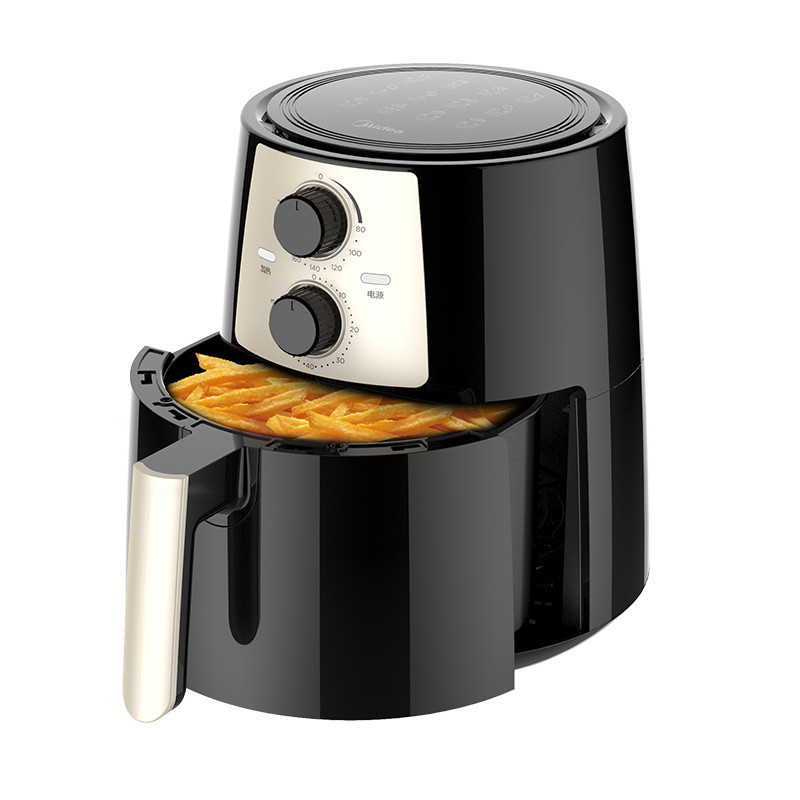 Imagem da fritadeira de ar Midea preta com detalhes prateados, controles superiores e alimentos visíveis.