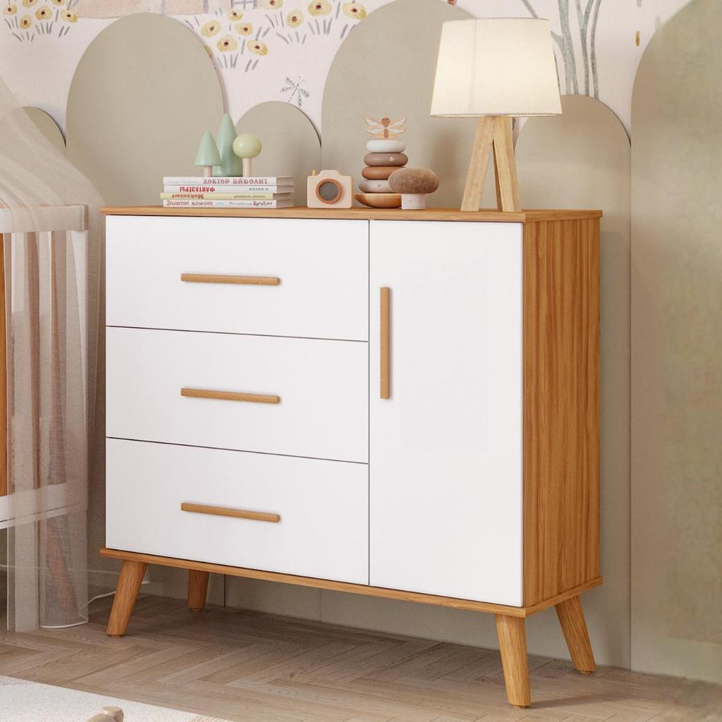 Cômoda Bebê Infantil 3 Gavetas 1Porta 100% MDF Pé Palito
