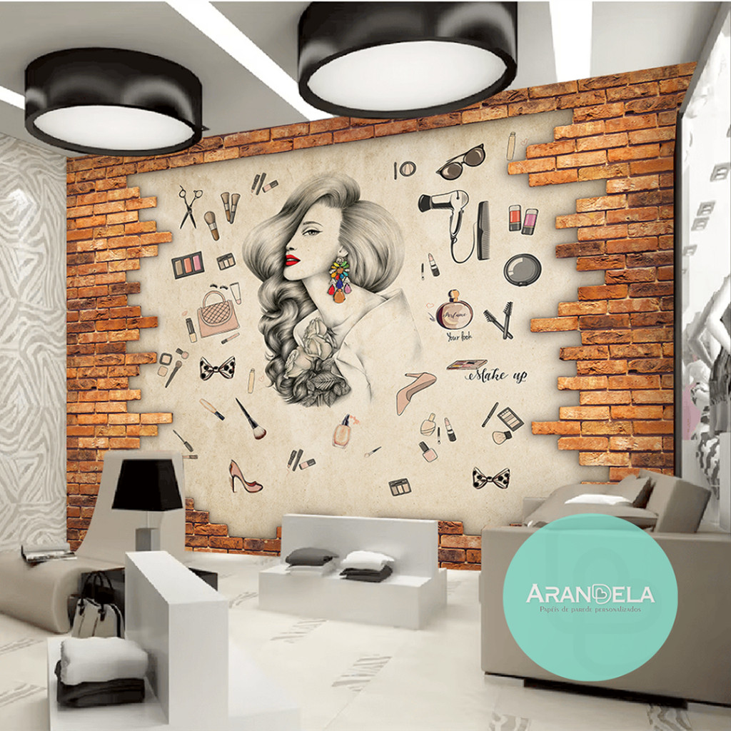 Papel Parede 3D Autocolante Vintage Retrô Salão de Beleza Manicure Design de Unhas Sobrancelhas Tijolinho m² Sob Medidas