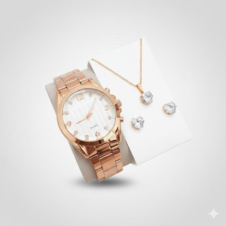 Kit Relógio Feminino Dourado + Colar + Brinco Folheados – Conjunto Elegante e Sofisticado