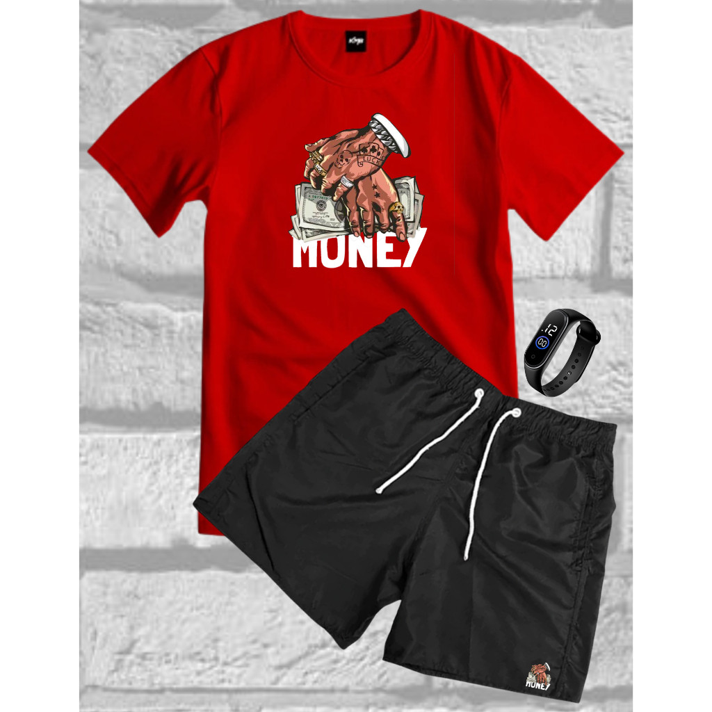 Kit Conjunto Masculino Camisa Money + Bermuda Tactel Leve Estampada + Relogio Digital Minimalista Gola Redonda Premium