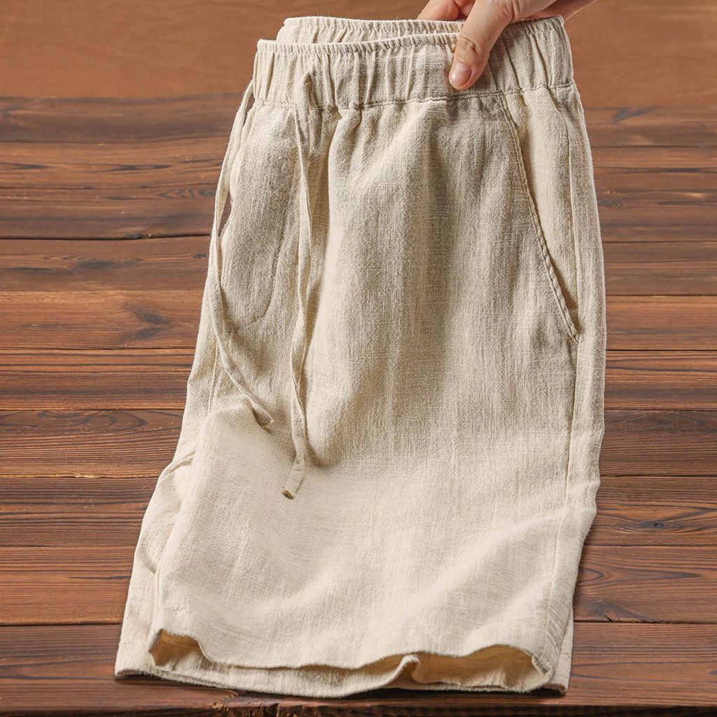 Verão leve respirável Ramie Shorts cor sólida simples elástico cordão linho algodão praia Casual solto calças de cinco p