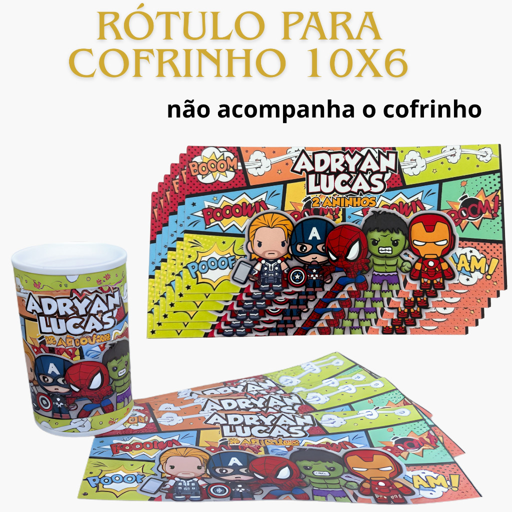 Rótulo adesivo para Cofrinho 10x6 Personalizado Lembrancinhas Infantil, Aniversário, Brinde Qualquer Tema, Nome ou Arte.
