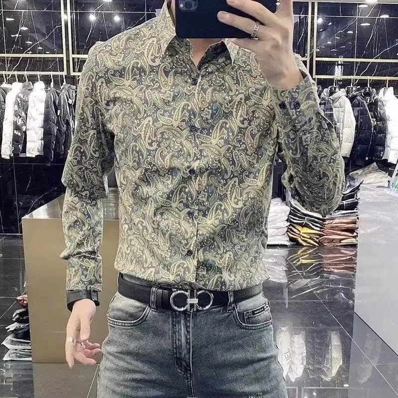Camisa masculina de arte manga comprida Slim-fit moda simples primavera outono camisa masculina Casual All-match na moda